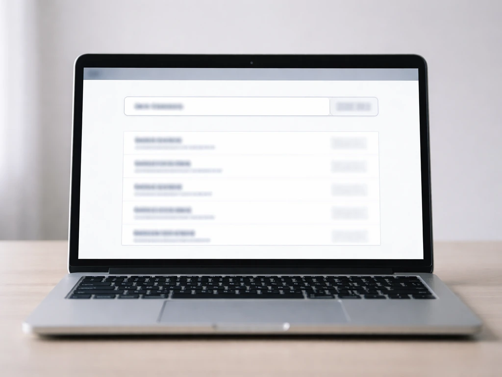 Close-up of a laptop showing a Greek registry search page with typed query and blurred results.