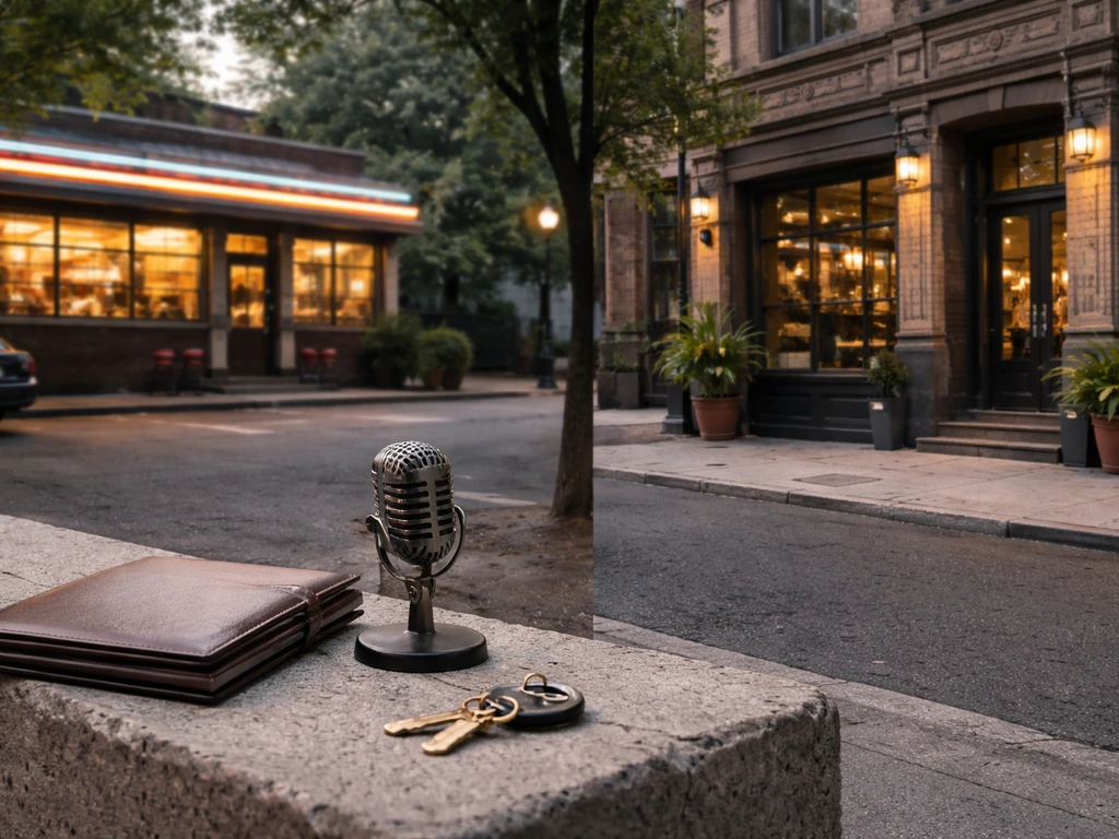 Montage of a diner exterior and a Brooklyn-style storefront facade with subtle keys and a microphone
