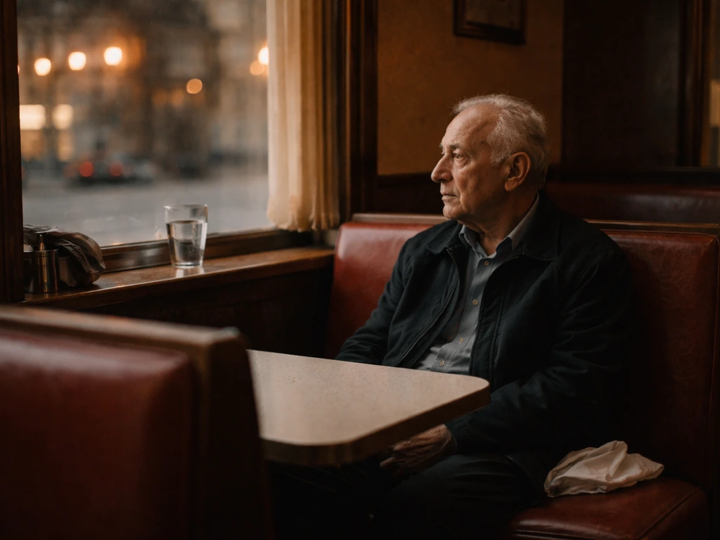 Anonymous elderly man in a quiet NYC restaurant booth, reflective mood with soft evening window light.