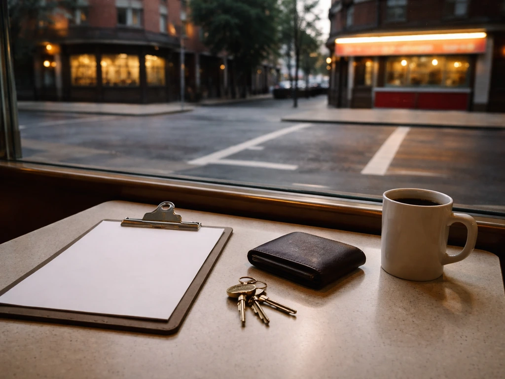 Brooklyn commercial street with diner storefronts and a tabletop scene suggesting business and assets