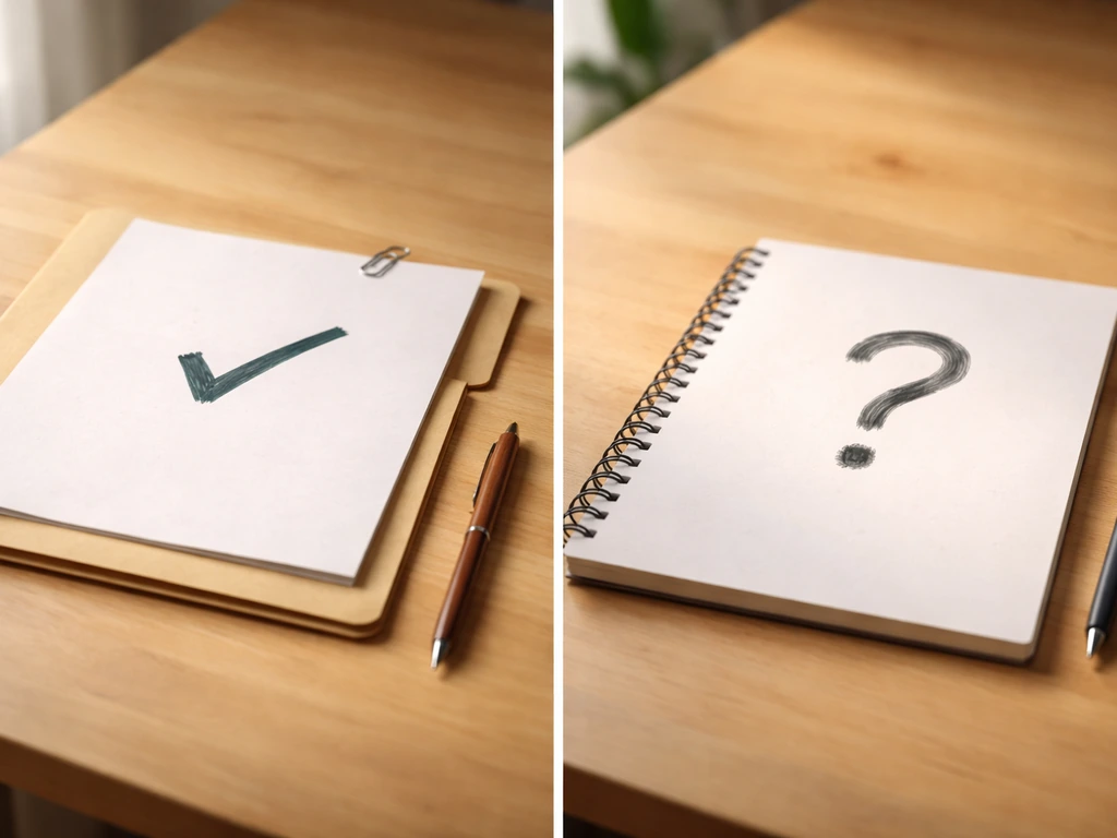 Minimal desk photo with a checkmark document on one side and a blurred question-mark estimate on the other.