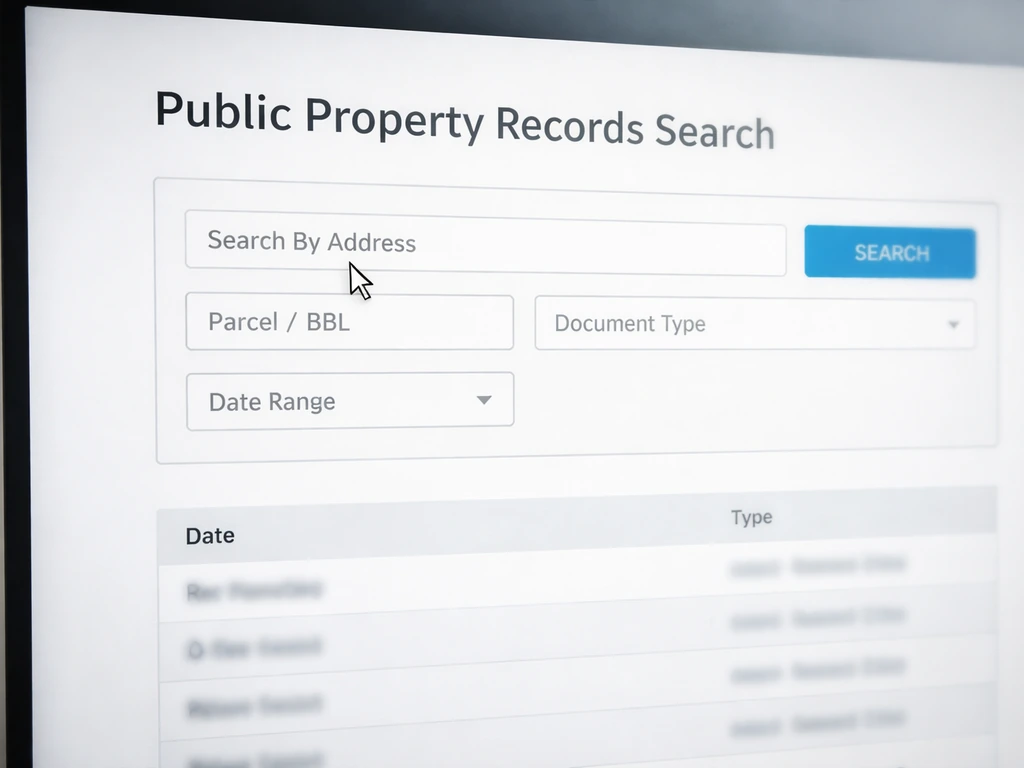 Close-up mockup of a public property record search screen, with fields and a transaction list.