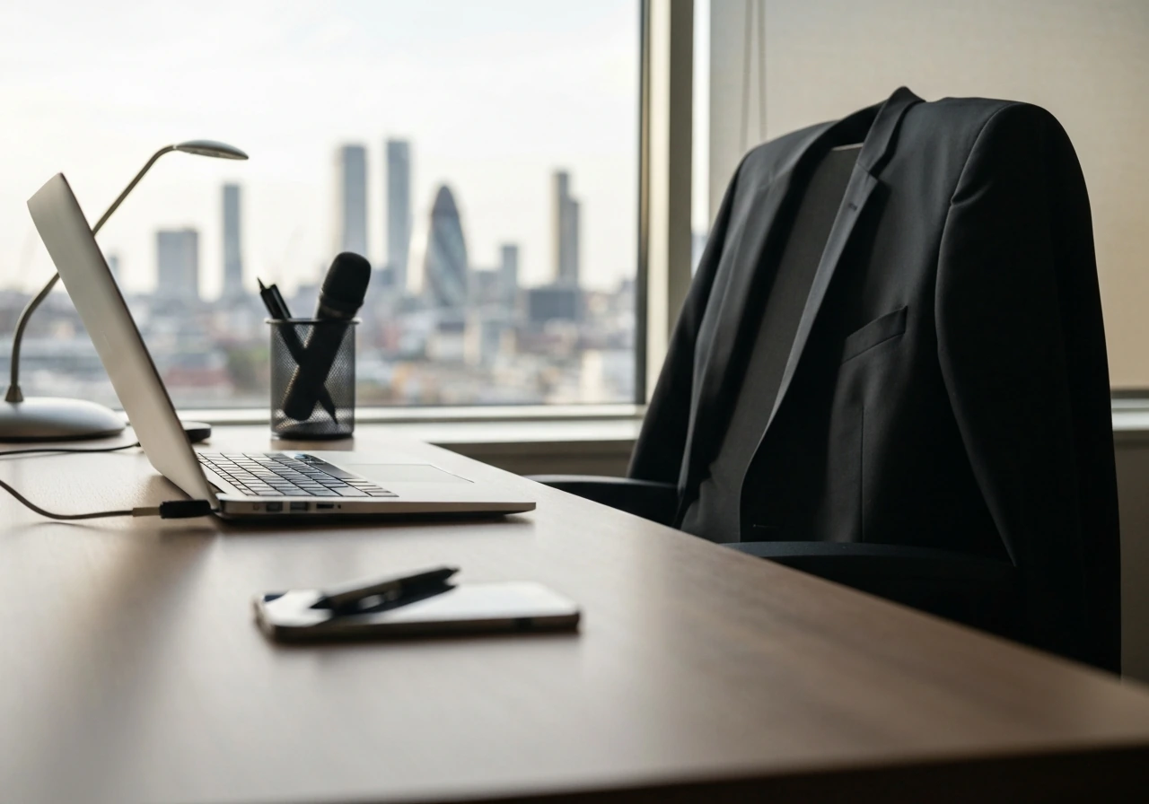 Anonymous desk scene with laptop, microphone, and blurred London skyline for a finance net-worth article.