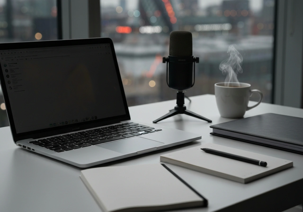 Minimal London finance desk scene with laptop, microphone, coffee, and blurred skyline.