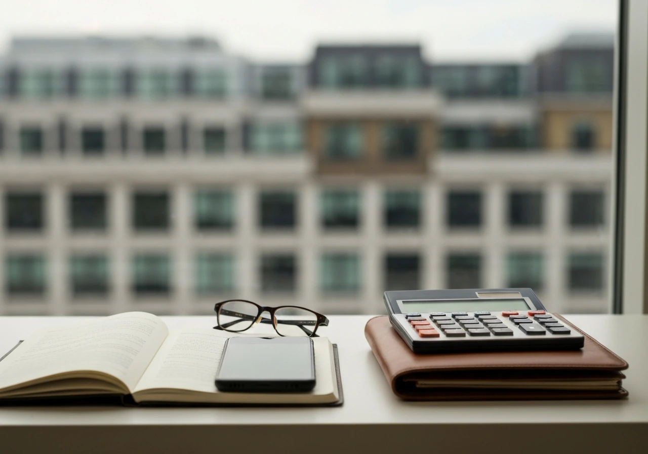 Minimal desk scene with calculator, notebook, and phone, symbolizing unverified business finance estimates.