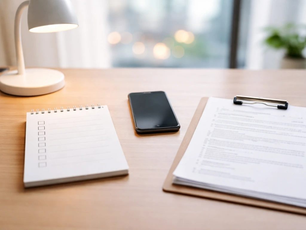 Minimal desk scene with blank notepad checkboxes and documents, symbolizing verifying business estimates.