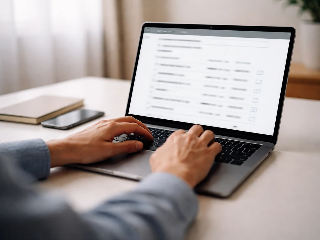 Anonymous hands typing on a laptop showing a generic corporate registry search page layout.