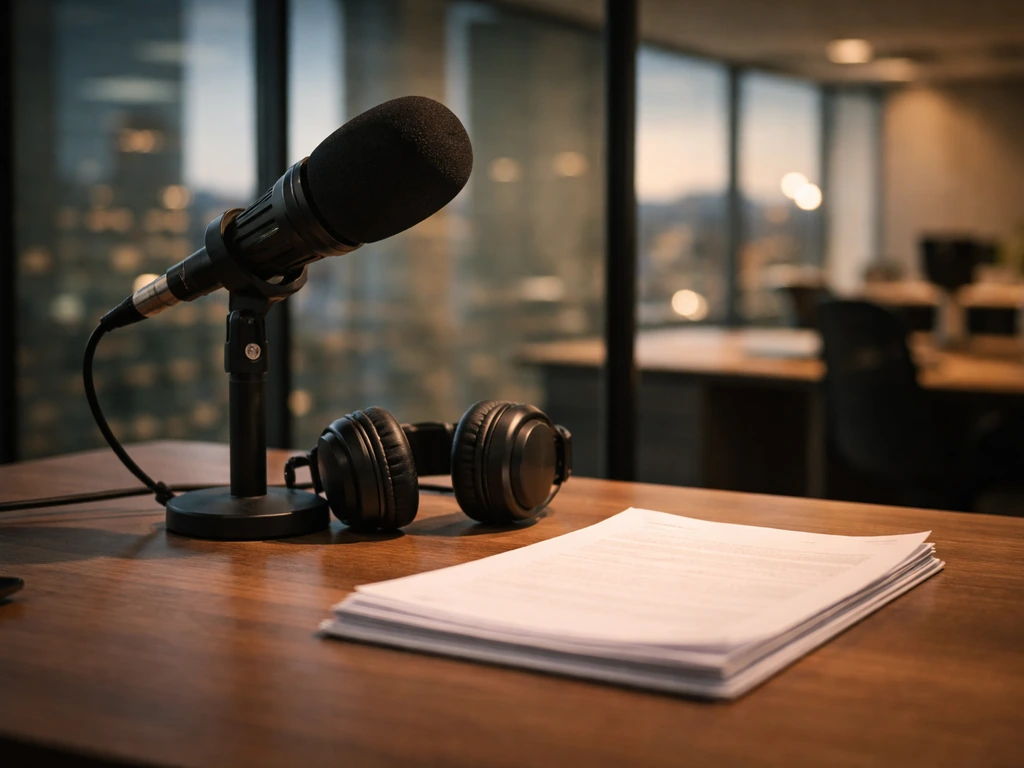 Empty media studio desk with microphone and headphones, softly lit office background suggesting an actor’s industry work