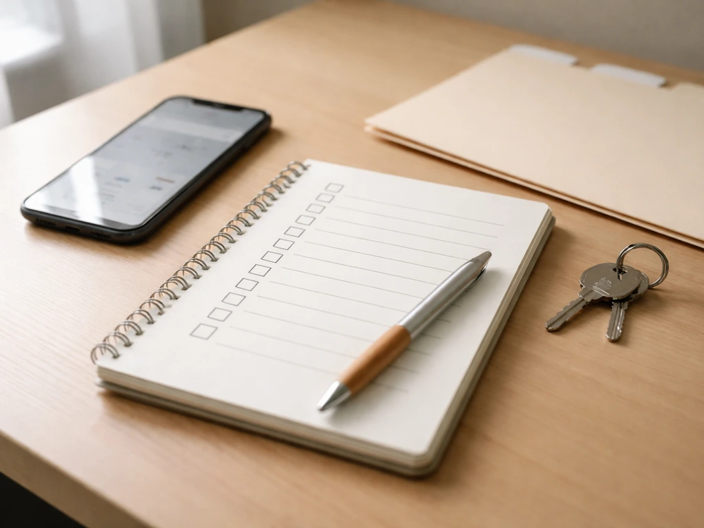 Minimal desk scene with a notebook and phone showing an anonymous public-records search workflow