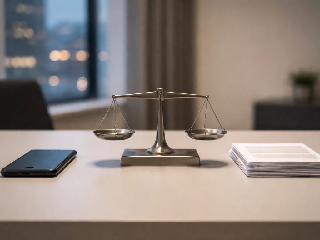 Minimal desk scene with smartphone and blank financial papers beside a small scale, implying net worth comparison.