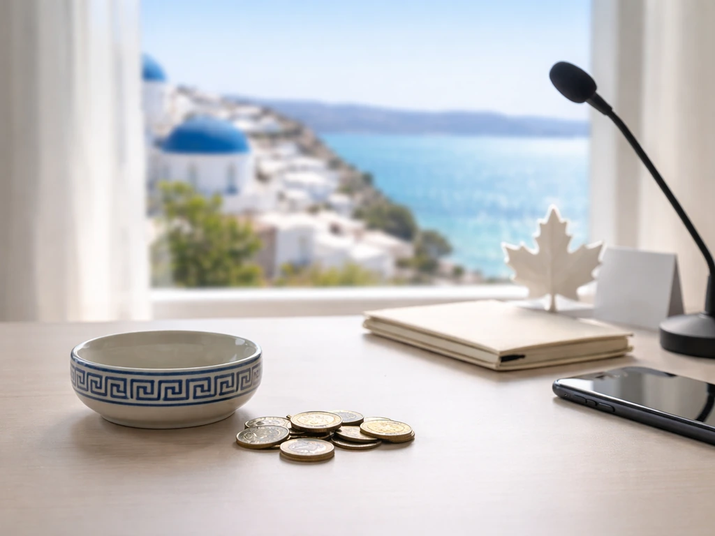 Desk with Greek coins and coastal view, subtle Canada hospitality cue, research vibe, no people or text