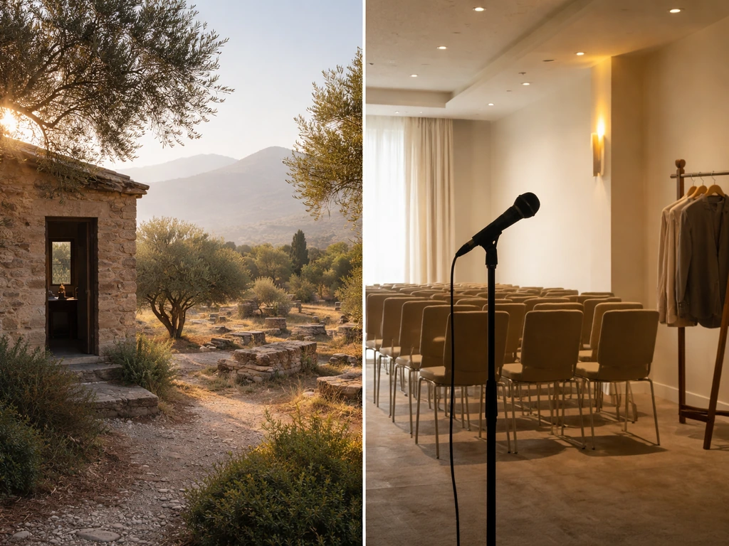 Split image of Lakonia ruins and an unbranded Canadian hotel event setup with a microphone.