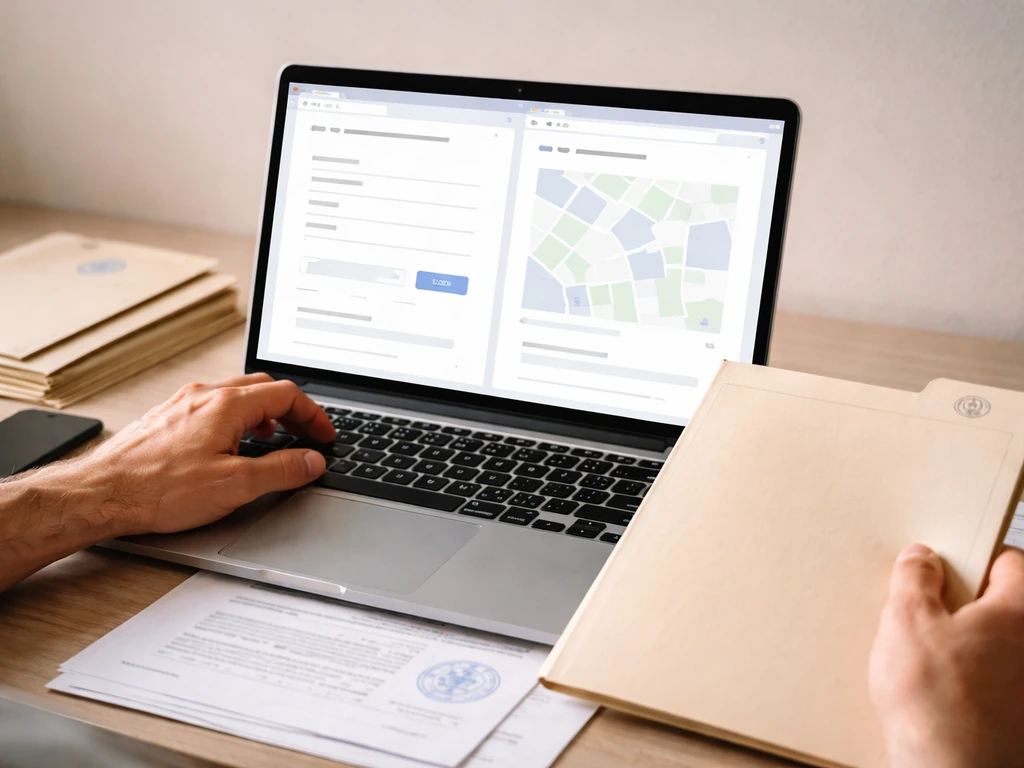 Hands typing on a laptop beside public-record forms, symbolizing GEMI and Hellenic Cadastre verification in Greece.