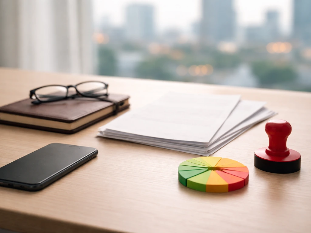 Minimal desk scene with unmarked documents, glasses, and colored sticky notes suggesting credibility checks.