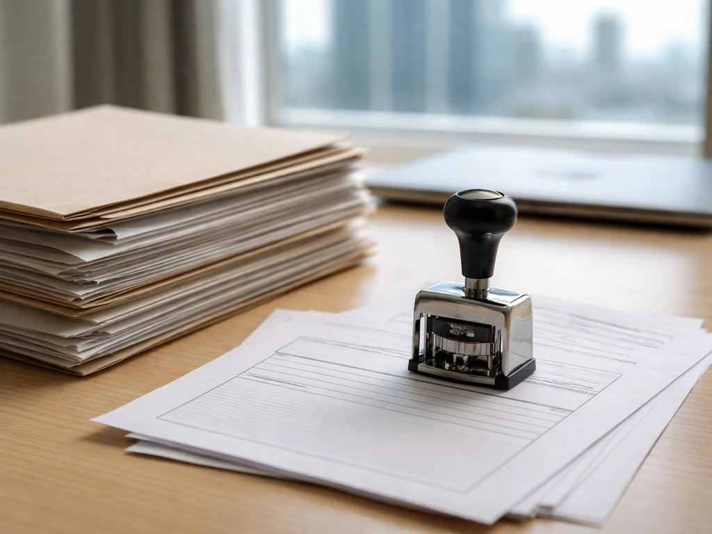 Close-up of a desk with neatly filed corporate documents and a stamped folder in soft daylight