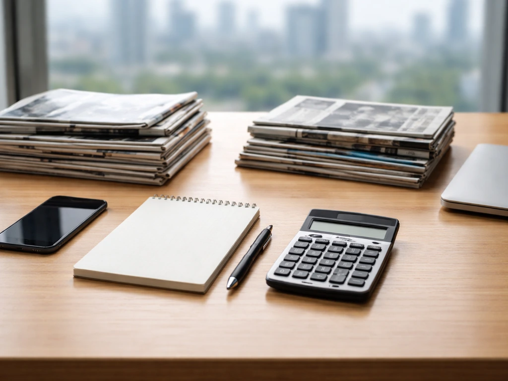 Minimal desk scene with scattered newspapers, a calculator, and a closed laptop suggesting comparing financial estimates
