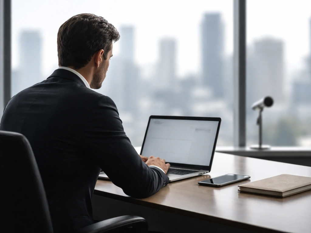 Anonymous finance executive in a modern office with laptop and documents, symbolizing net worth verification.