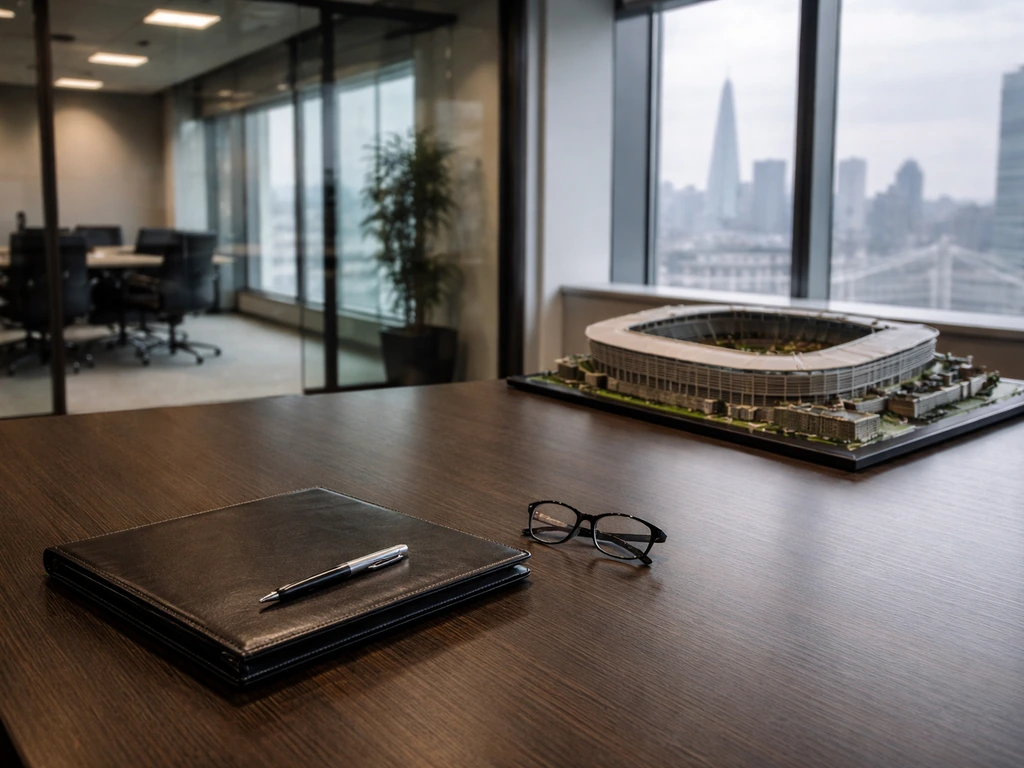 Minimal London finance office table with a leather portfolio and blurred skyline, suggesting business and club holding c