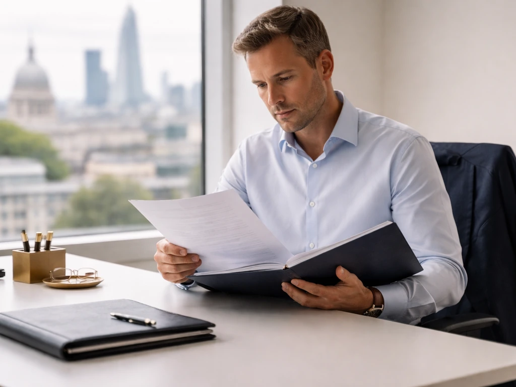 Anonymous finance professional reviewing corporate documents in a minimalist office near a city view