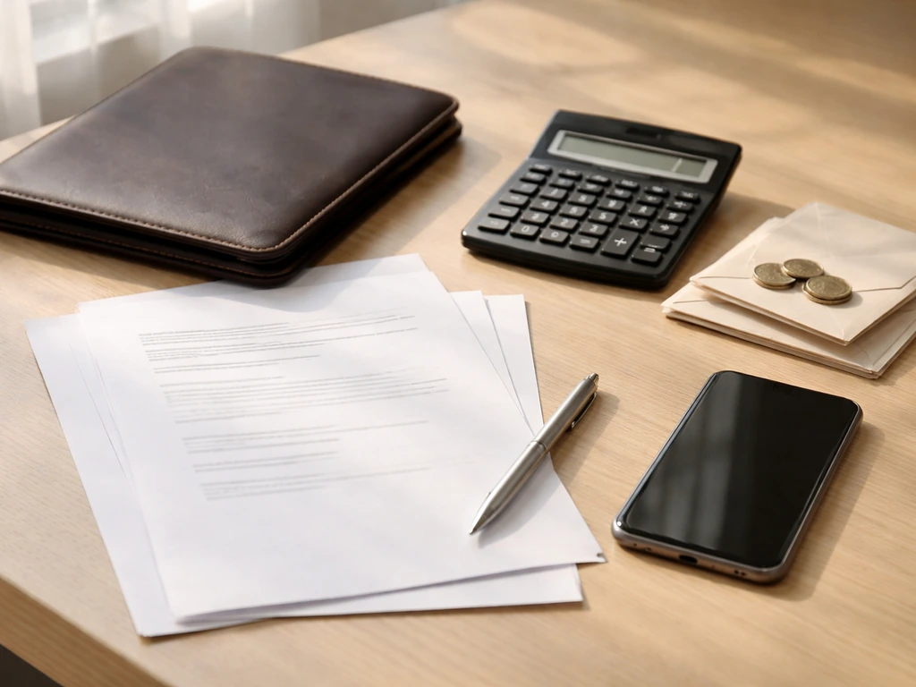 Minimal office desk with scattered documents and a calculator beside a smartphone, symbolizing evidence-based financial