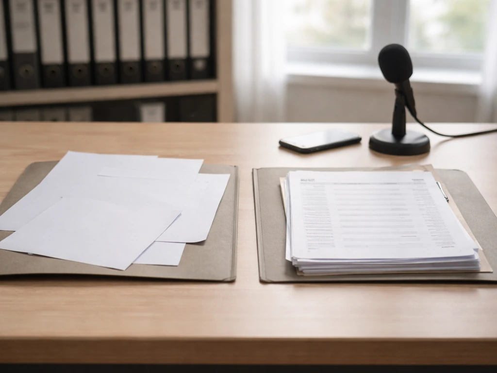 Office desk with empty folder beside document folder, suggesting missing disclosures and record-check analysis