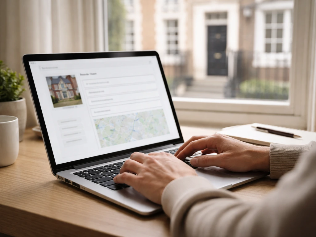 Person verifying UK property records on a laptop beside a London townhouse exterior view.