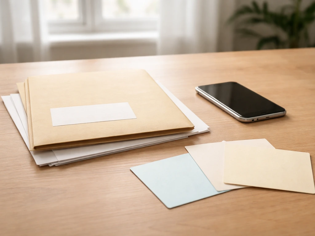 Minimal desk scene with three generic reference cards beside a folder and smartphone, suggesting credible public records