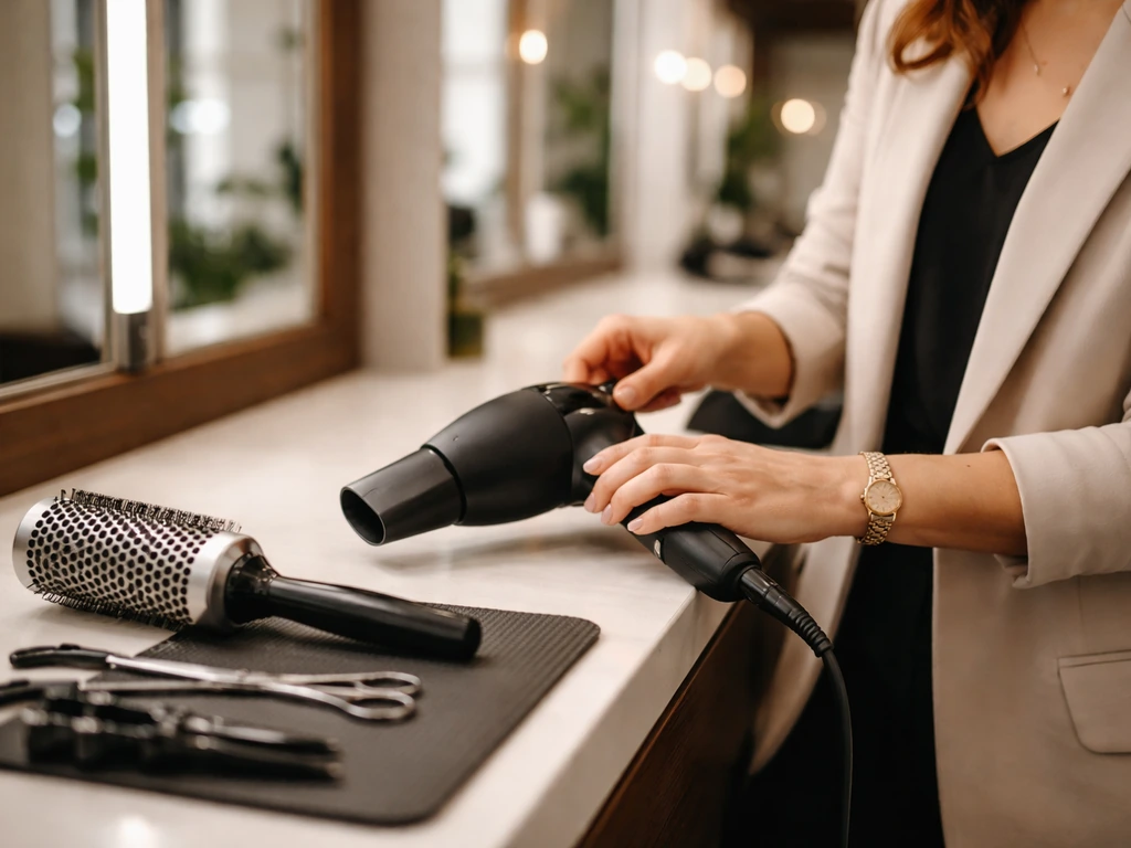 Hairstylist in a modern salon workspace adjusting tools near mirrors and styling stations