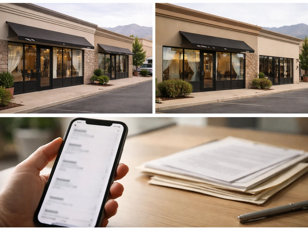 Minimal montage-style scene with Utah salon storefronts and a smartphone showing business listings vibe, no text