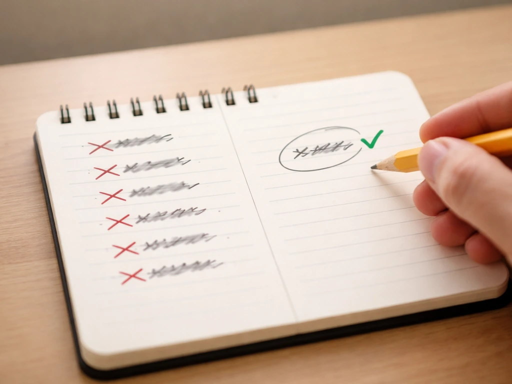 Close-up of a notebook with multiple crossed-out name spellings beside a checked correct one, no text visible.