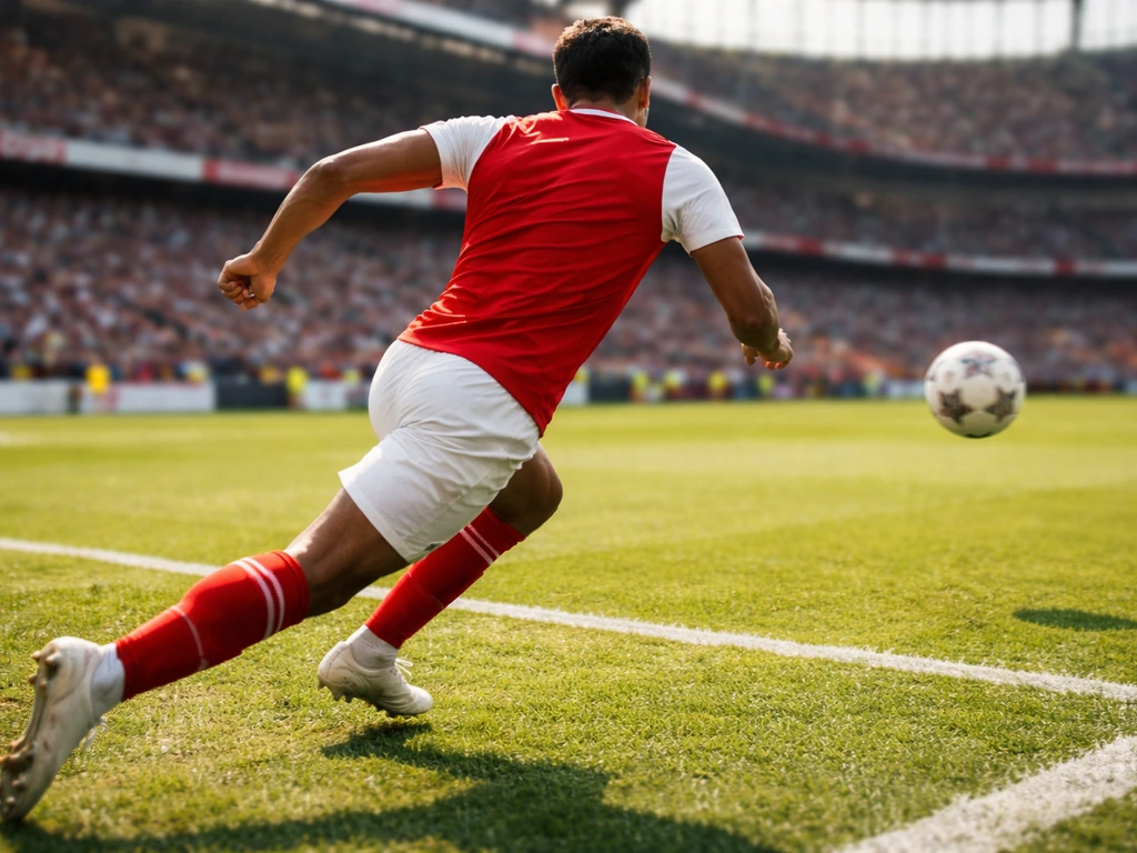 Anonymous football winger sprinting and crossing in a sunlit stadium, ball mid-air, minimal action scene.