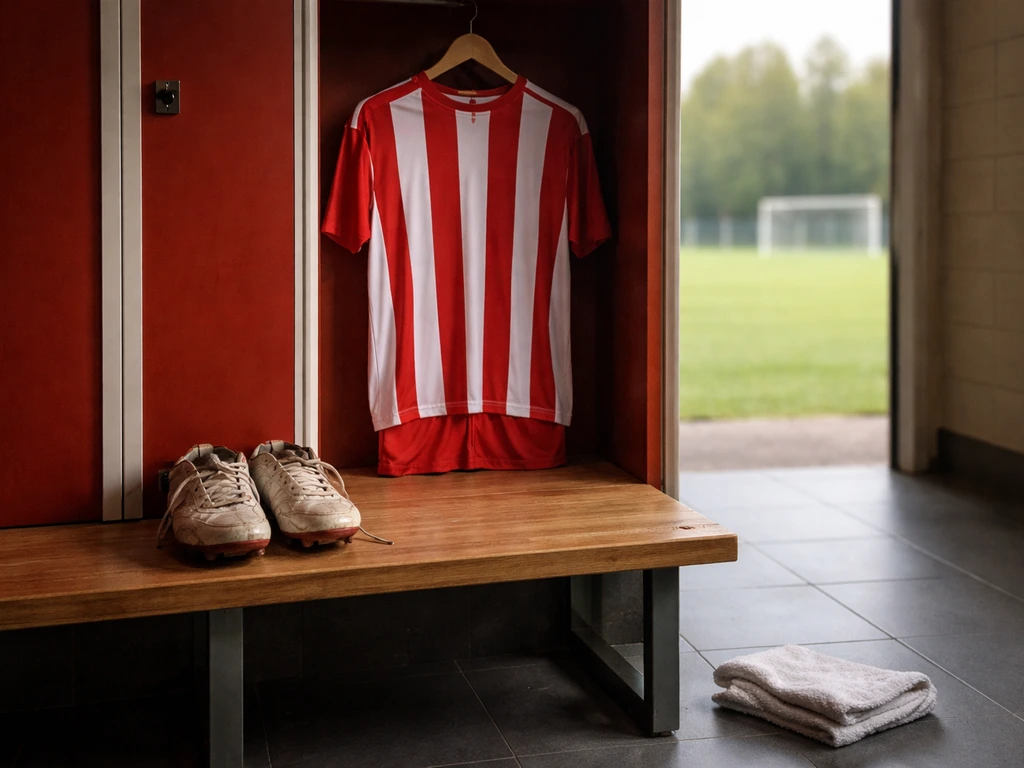 Empty football training pitch beside a modest locker room, symbolizing early career earnings.