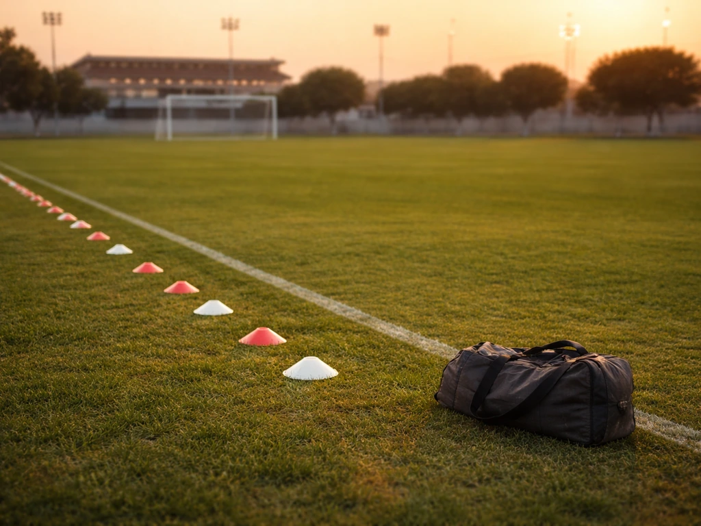 Empty football training field in Al Ain with distant stadium lights, evoking UAE club football and career earnings.