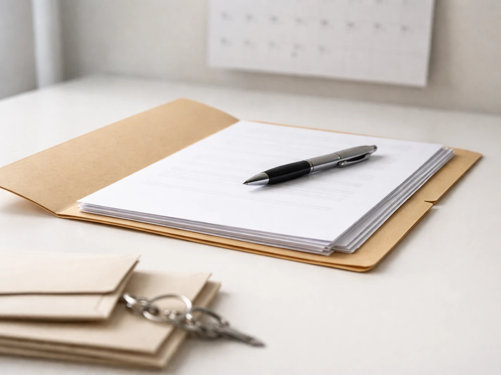 Open contract folder with blank papers and pen on a simple desk, blurred calendar background.