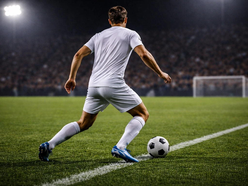 Attacking midfielder-style football action in a stadium, blurred crowd and focused motion on the pitch