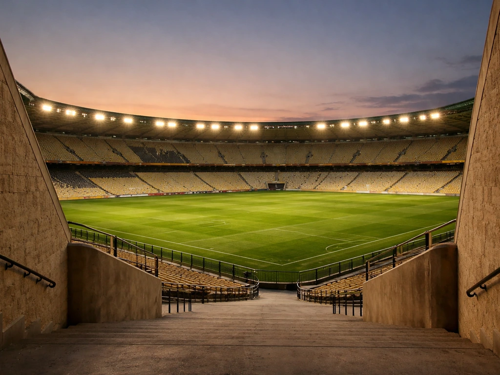 AEK Athens stadium exterior at dusk with subtle football atmosphere and empty stands