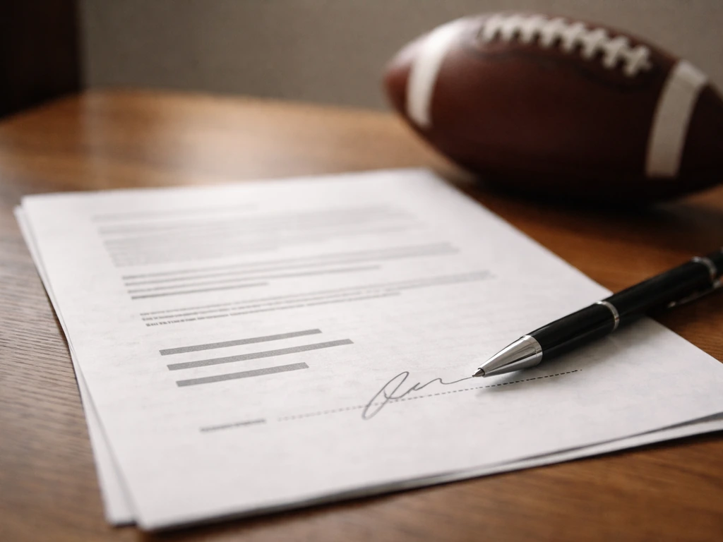 Close-up of a football contract document being signed with a pen, suggesting performance bonuses and release clauses.