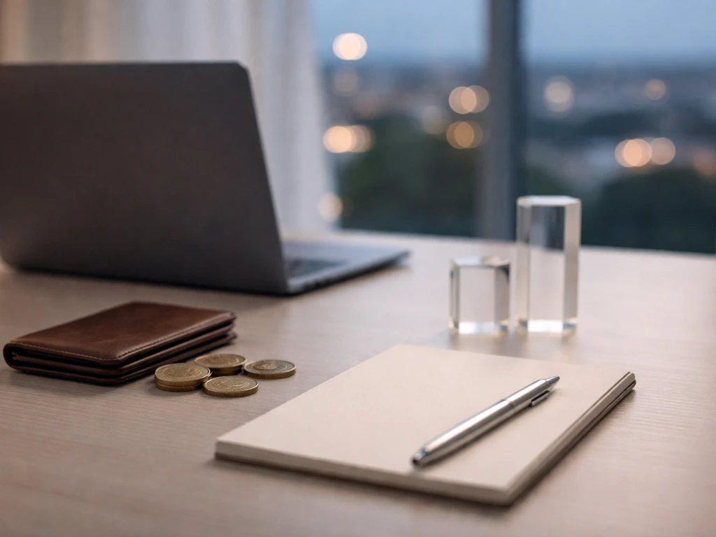 Minimal desk scene with euro coins, wallet, laptop blurred, and two glass paperweights suggesting a money range.