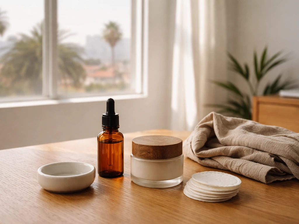 Skincare products on a minimalist desk by a sunlit LA window, warm premium feel, no branding.