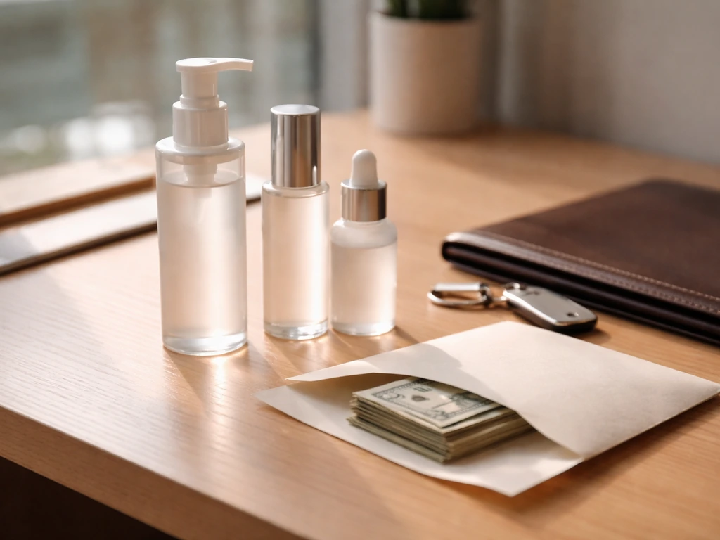 Minimal photo of skincare bottles and a cash envelope on a clean desk, symbolizing income sources.