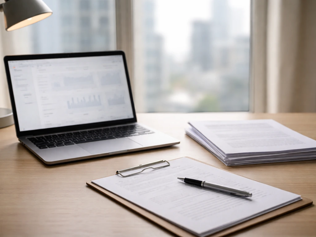 Minimal desk scene with an open laptop and document receipts, symbolizing evidence-based claim verification.