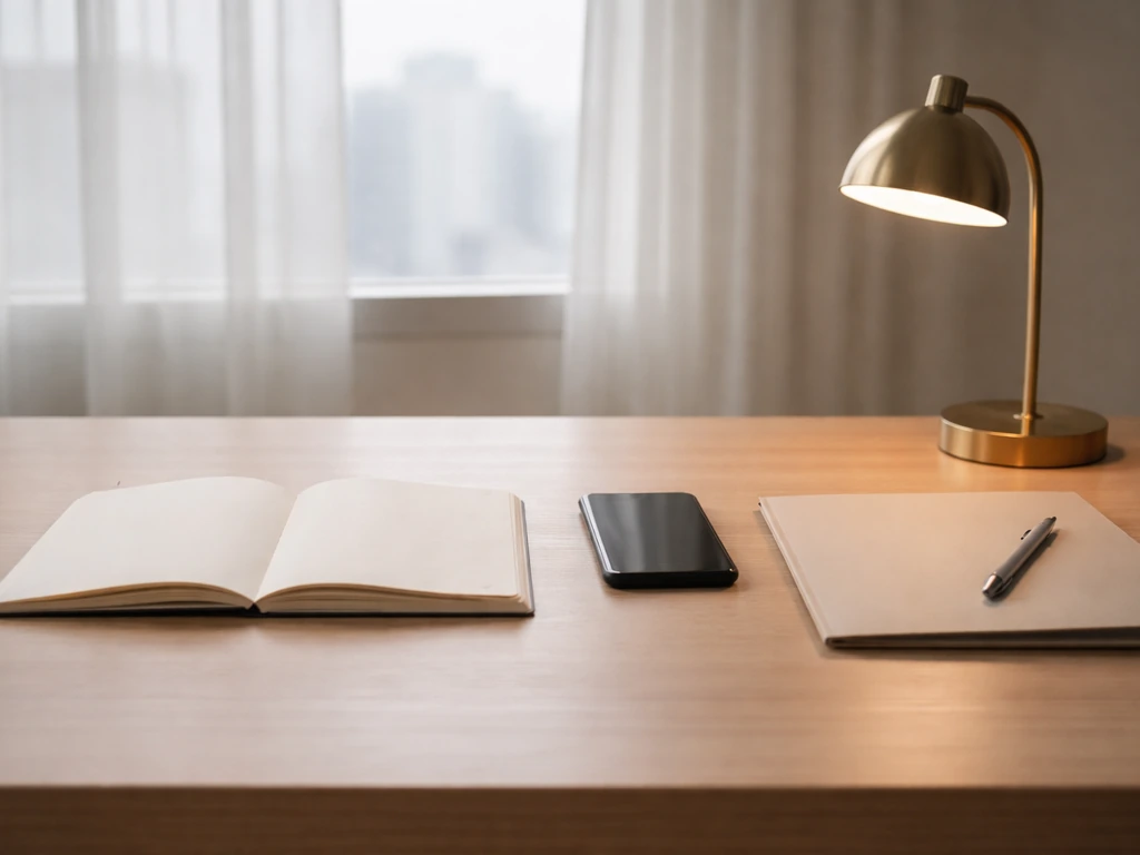Minimal office desk with notebook, pen, and phone, symbolizing a financial quick comparison.