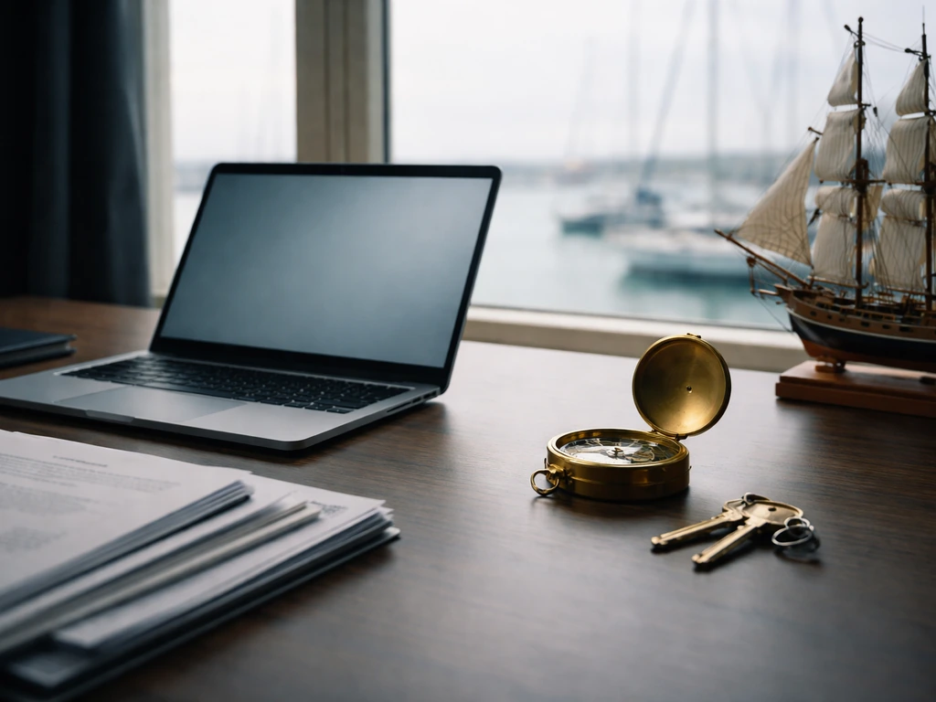 Minimal seafaring-themed desk scene with a laptop, documents, and a subtle wealth vibe for a net worth article