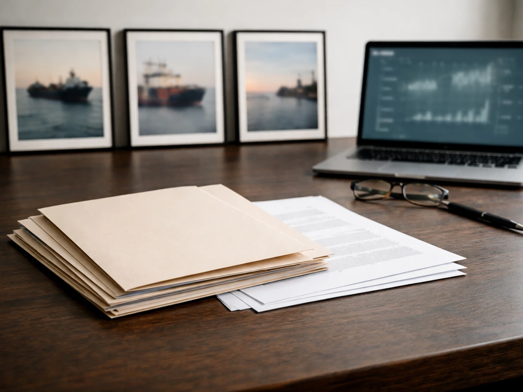 Minimal documentary scene showing financial-estimate inputs: portfolio folders, ship photos, and a finance screen at a d