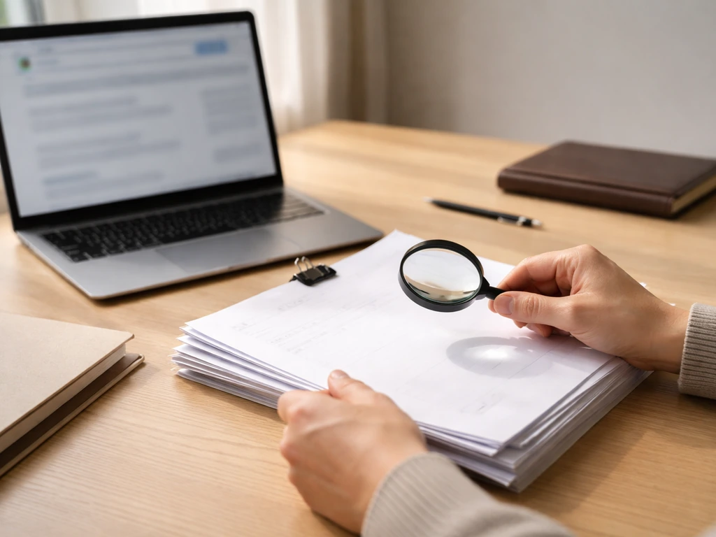 Person reviewing paperwork and a laptop with blurred public-record style search cues in a quiet office setting.