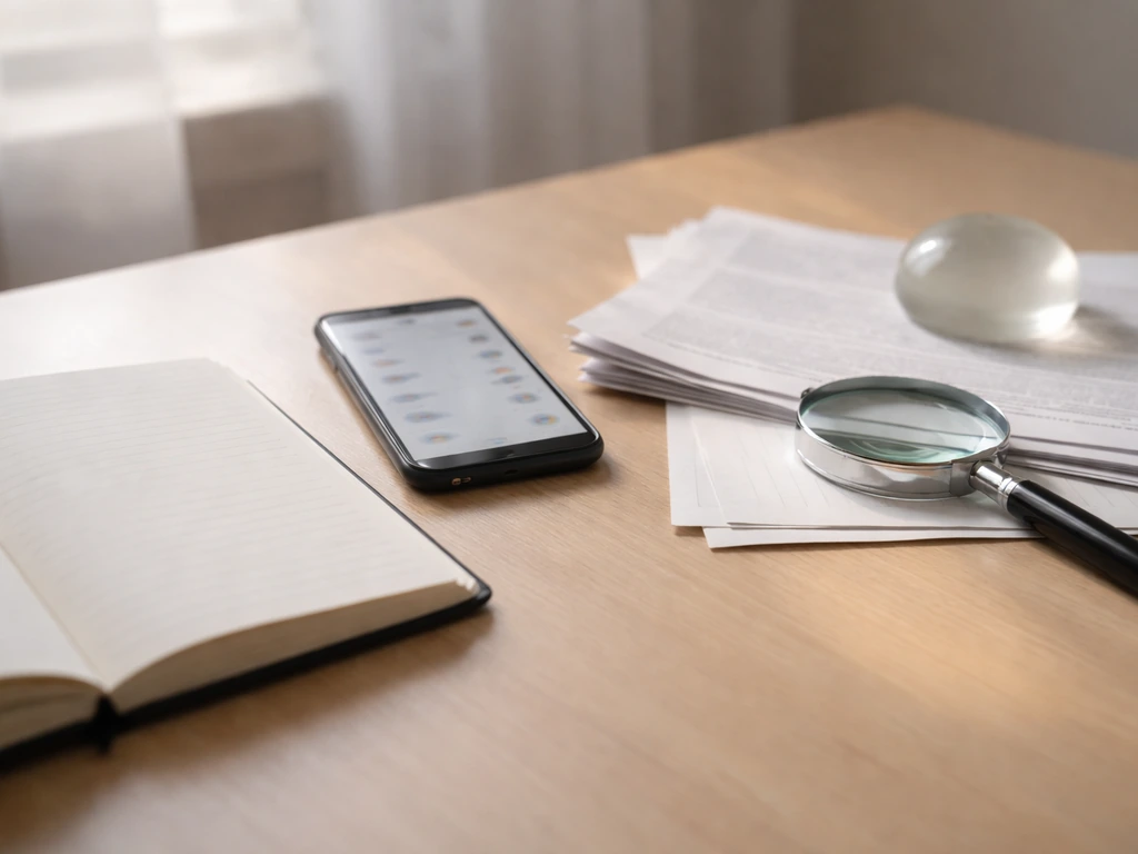 Minimal desk scene with documents, blurred phone screen, and magnifying glass for identity verification research.