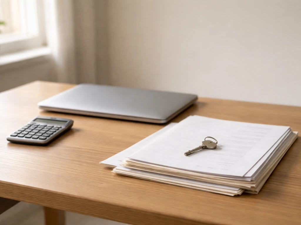 Minimal desk scene with scattered business documents and a calculator, symbolizing uncertain net-worth evidence ranges.