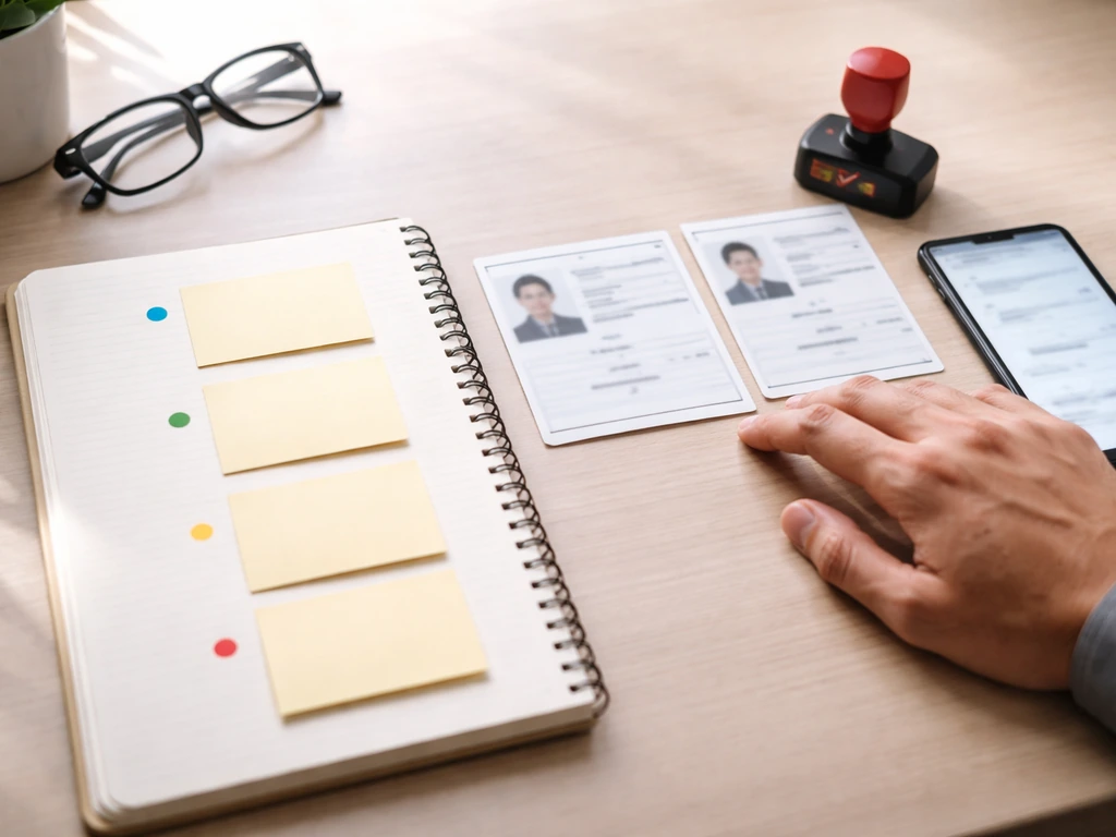 Desk scene with generic IDs, blurred phone, blank notes, and a hand comparing details to verify claims
