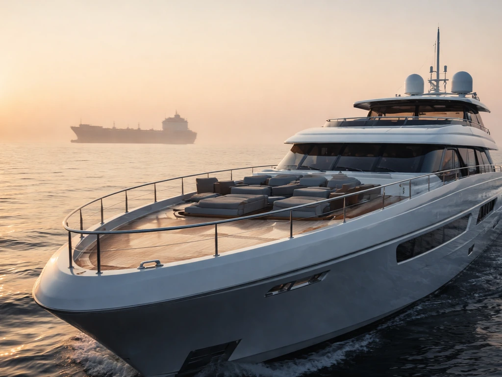 Luxury yacht in golden light with an ocean tanker silhouette on the horizon, symbolizing shipping wealth.
