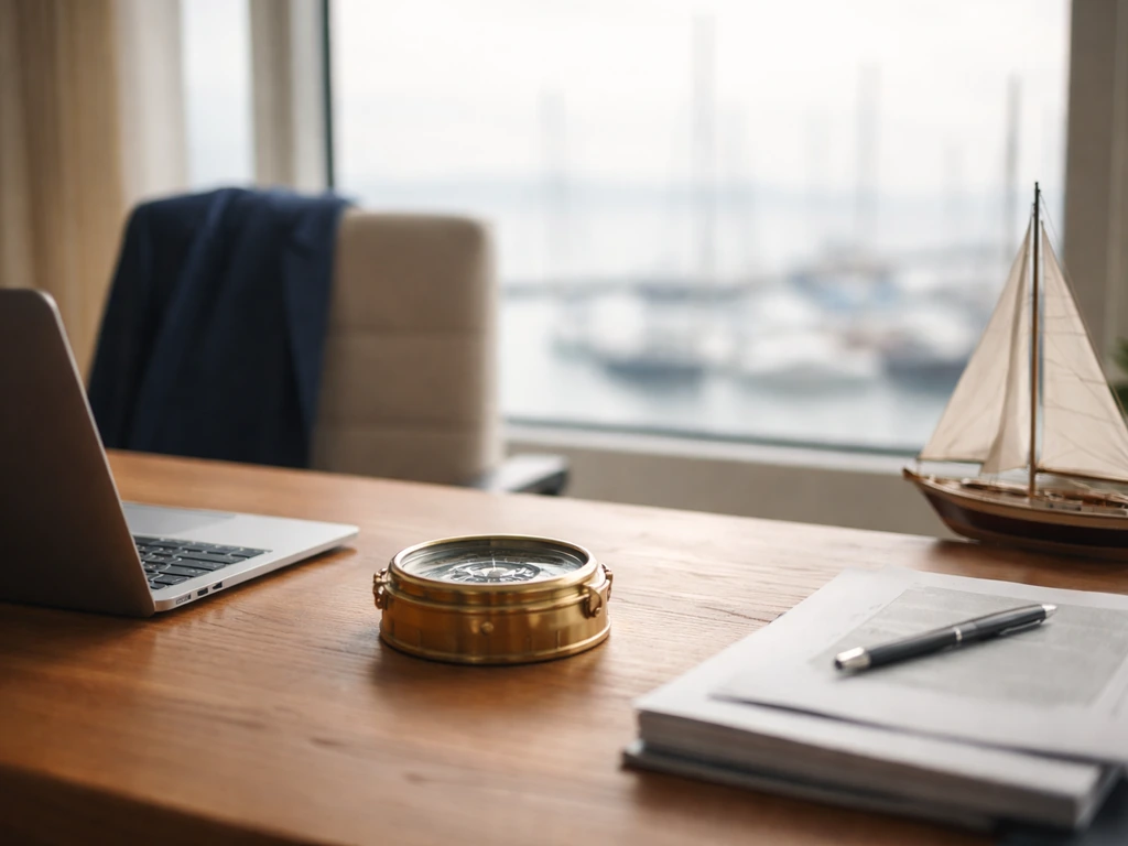Minimal office scene with a brass compass and model sailboat, symbolizing Greek shipping magnate finance context.